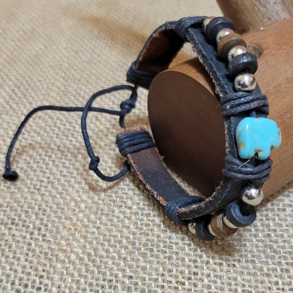 Elephant Leather Adjustable Bracelets Blue Turquoise steel Beads